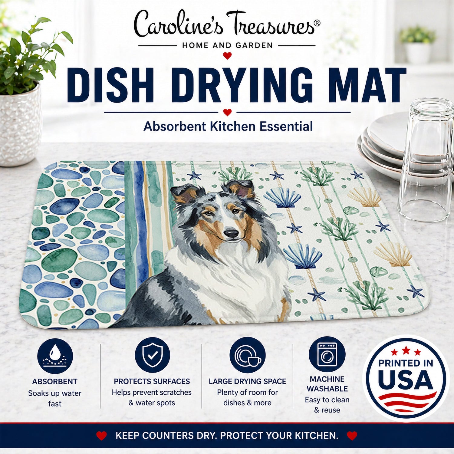Blue Merle Collie Coastal Sea Glass Dish Drying Mat Absorbent Dish Drying Mat Pad for Kitchen Counter Dish Drainer Mat for Countertop, 14 x 21", Multicolor