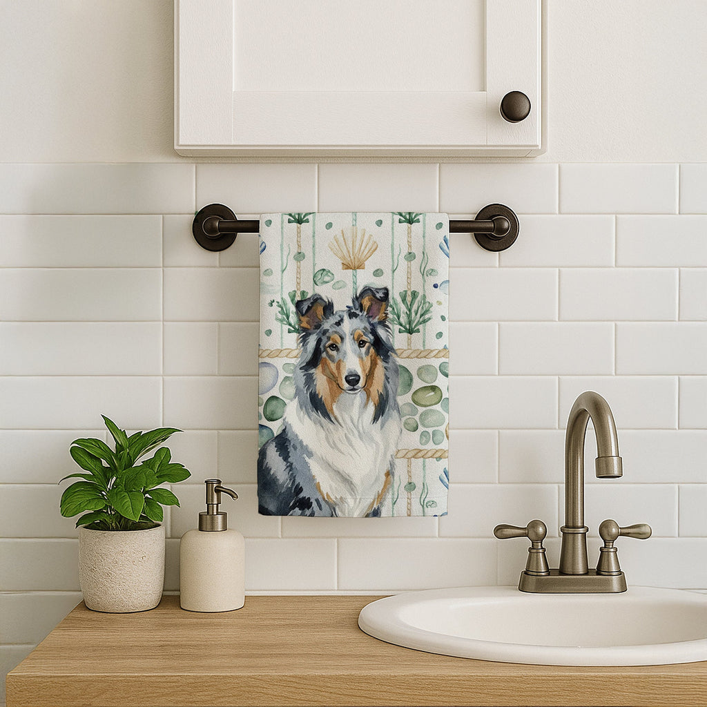 Blue Merle Collie Coastal Sea Glass Kitchen Towel Velour Plush Front and Cotton Loop Back Machine Washable