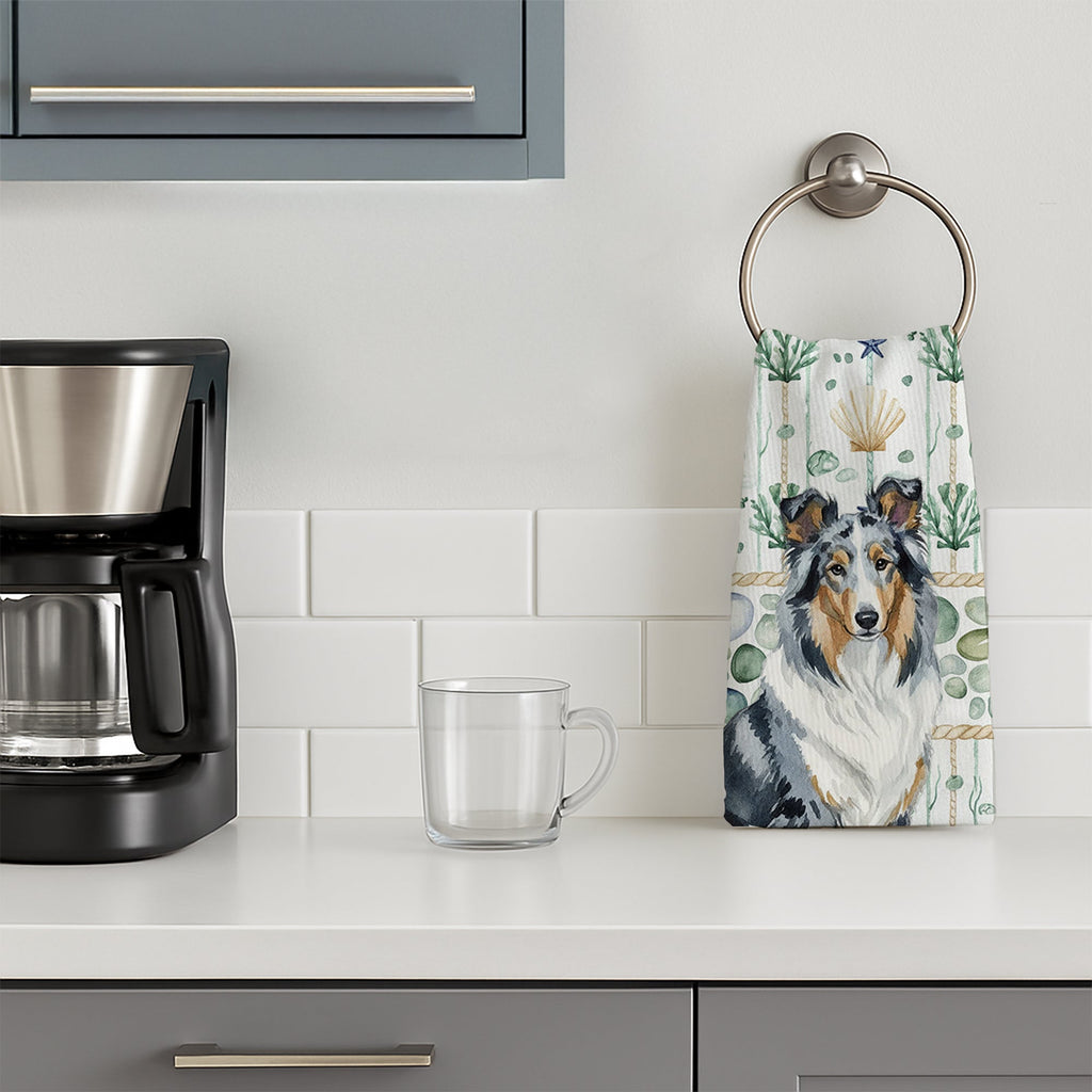 Blue Merle Collie Coastal Sea Glass Kitchen Towel Velour Plush Front and Cotton Loop Back Machine Washable