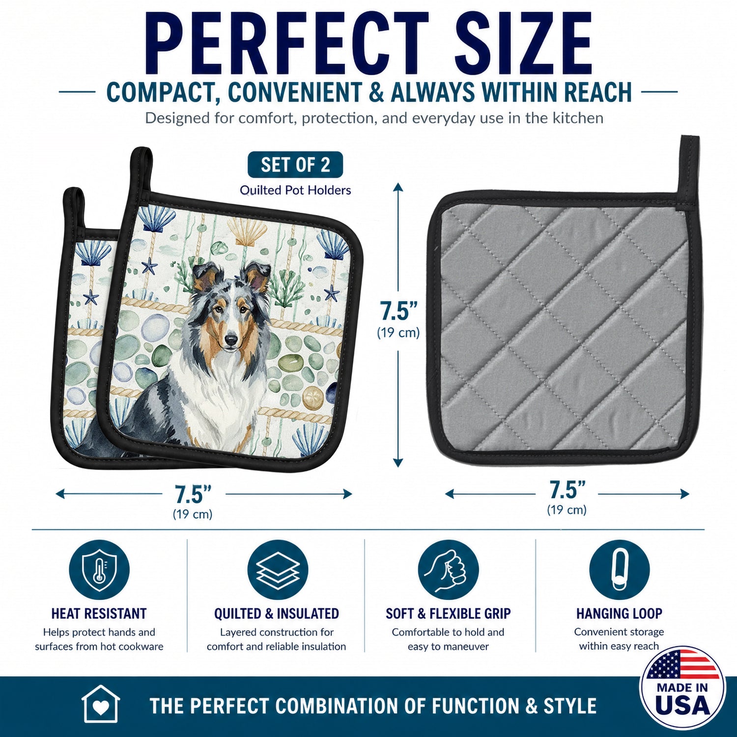 Blue Merle Collie Coastal Sea Glass Pot Holder Set of 2 Heat Resistant Quilted Hot Pads 7.5 x 7.5 Inch, Insulated Kitchen Trivets for Cooking & Baking