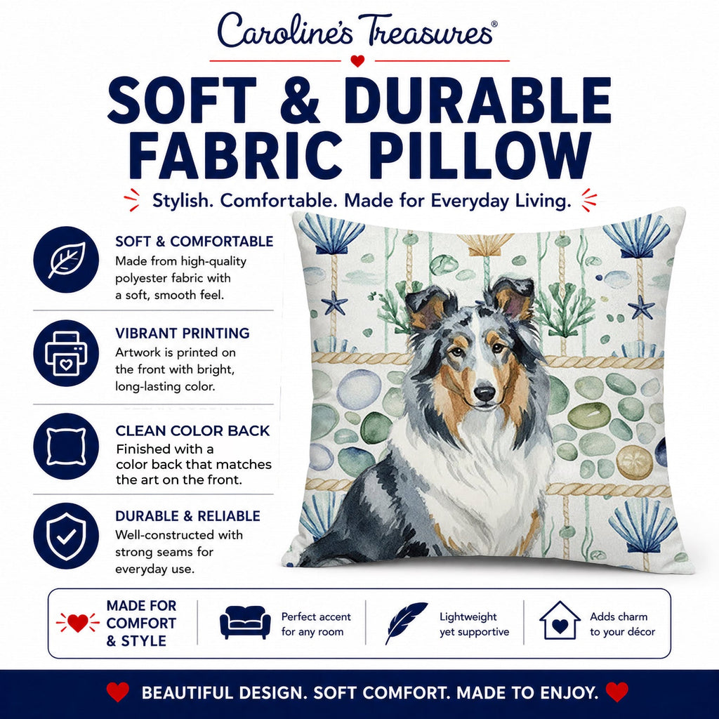 Blue Merle Collie Coastal Sea Glass Decorative Throw Pillow 14x14 Indoor Outdoor Accent Cushion, Fabric Cover with Insert for Sofa, Bed, Porch & Living Room