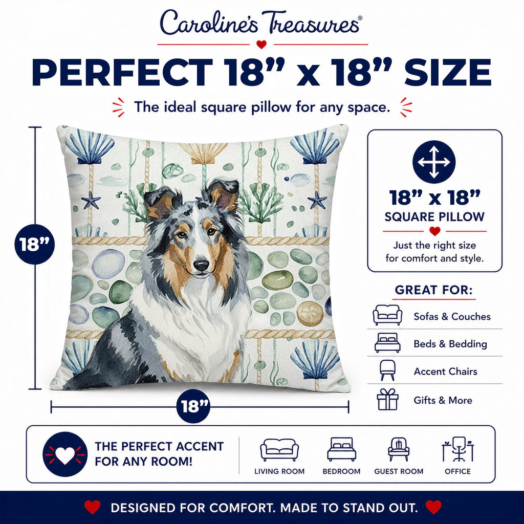 Blue Merle Collie Coastal Sea Glass Decorative Throw Pillow 18x18 Indoor Outdoor Accent Cushion, Fabric Cover with Insert for Sofa, Bed, Porch & Living Room