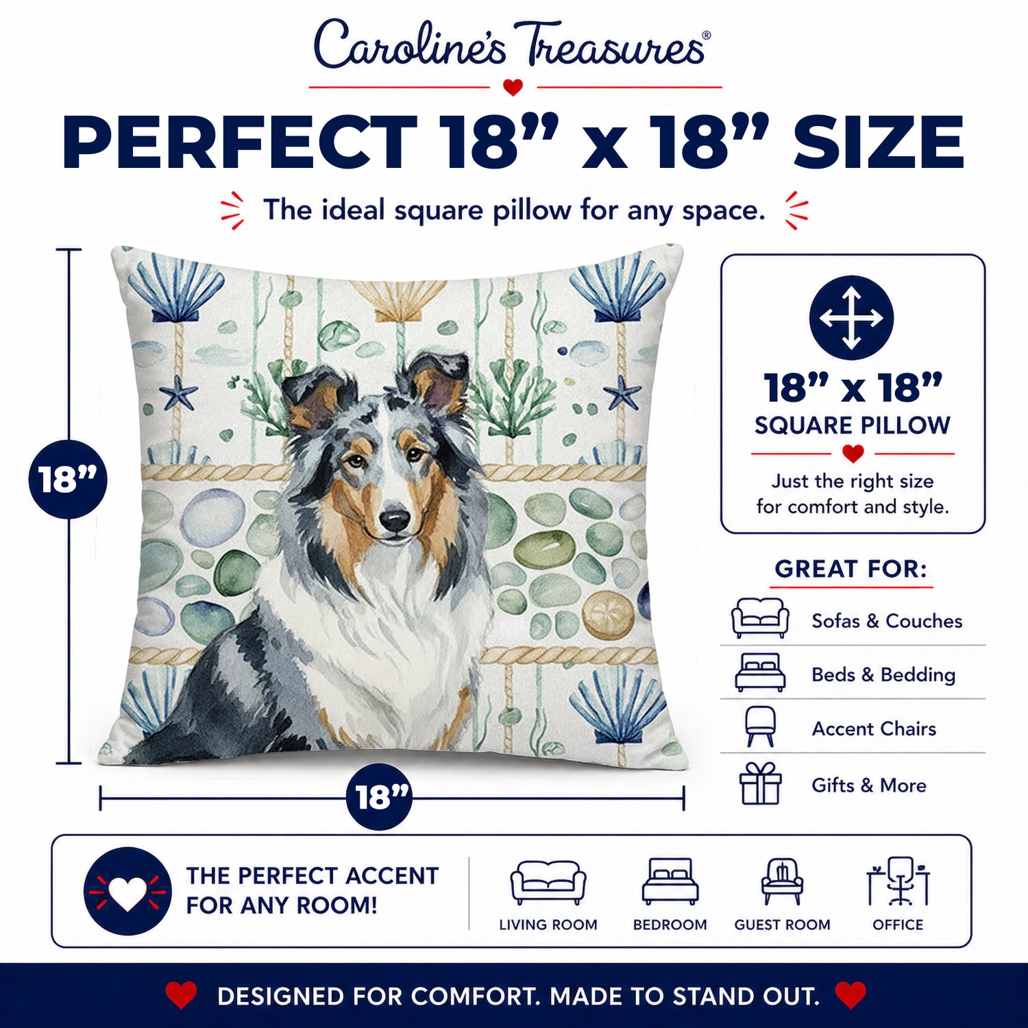 Blue Merle Collie Coastal Sea Glass Decorative Throw Pillow 18x18 Indoor Outdoor Accent Cushion, Fabric Cover with Insert for Sofa, Bed, Porch & Living Room