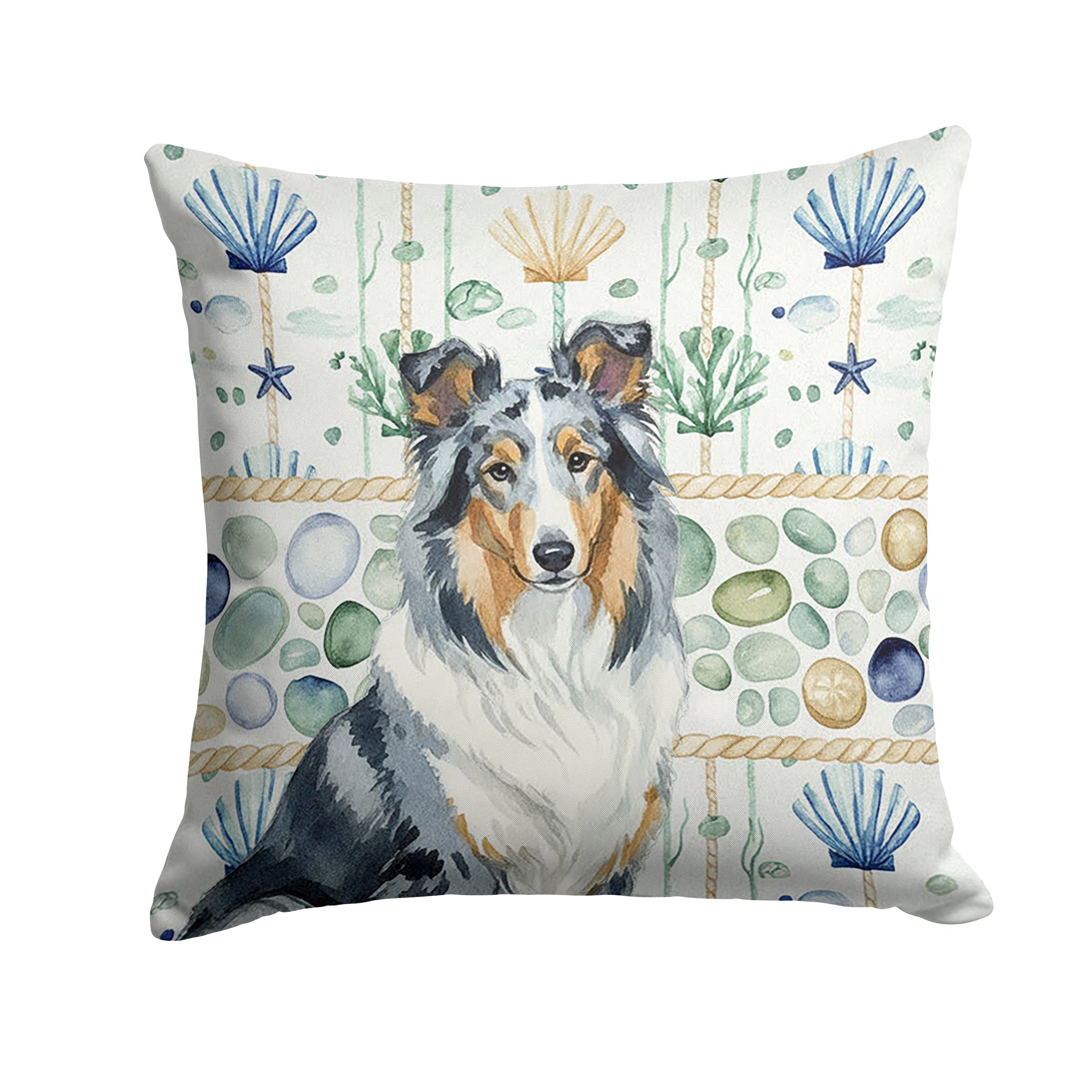 Blue Merle Collie Coastal Sea Glass Decorative Throw Pillow 18x18 Indoor Outdoor Accent Cushion, Fabric Cover with Insert for Sofa, Bed, Porch & Living Room