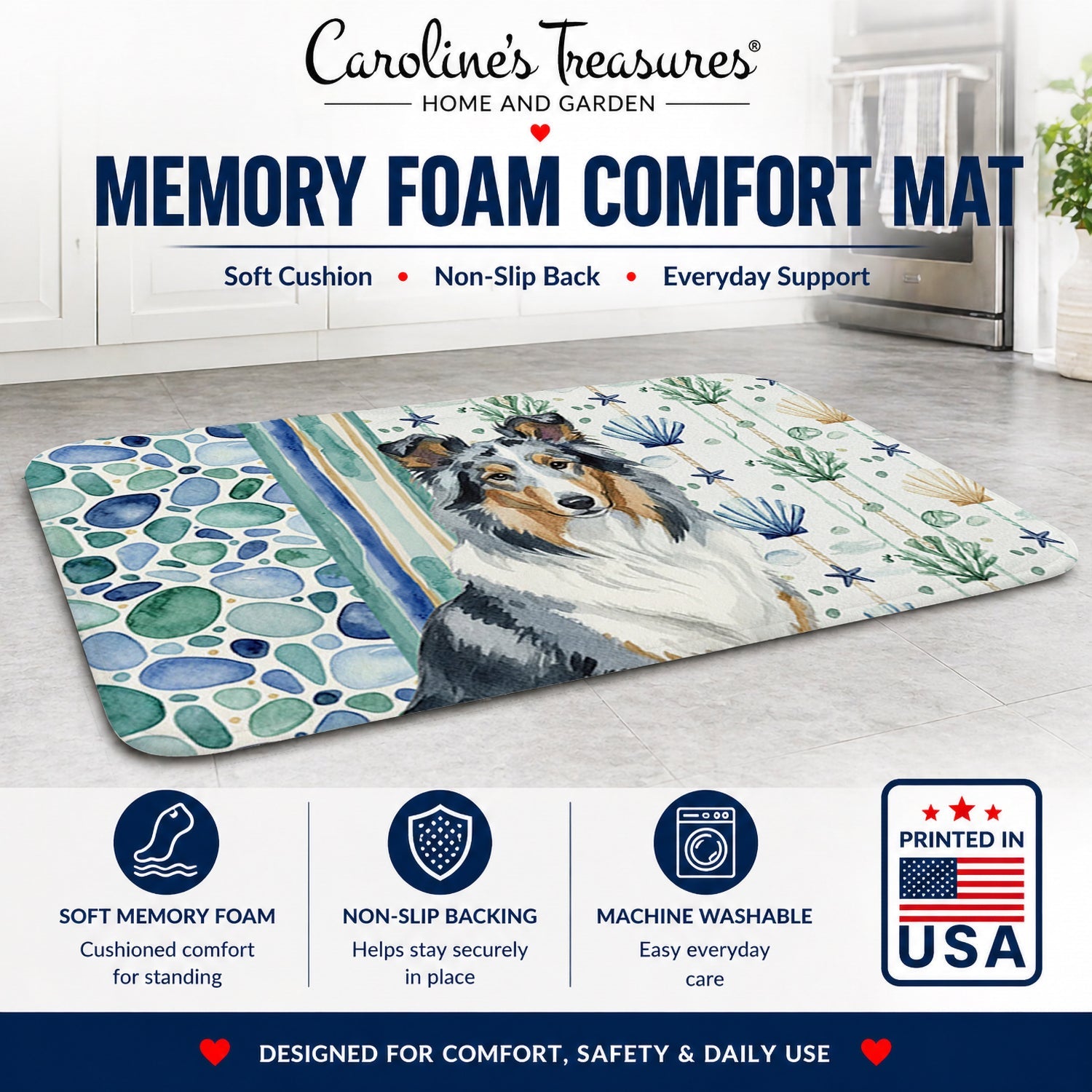 Blue Merle Collie Coastal Sea Glass Memory Foam Kitchen Mat Machine Washable Anti-Fatigue Cushion Comfort Bath or Kitchen Rug