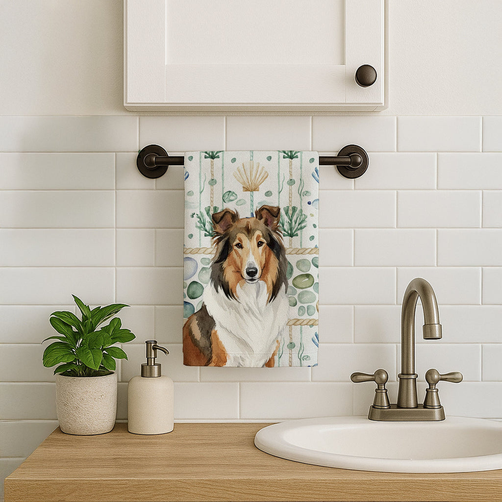 Sable Collie Coastal Sea Glass Kitchen Towel Velour Plush Front and Cotton Loop Back Machine Washable