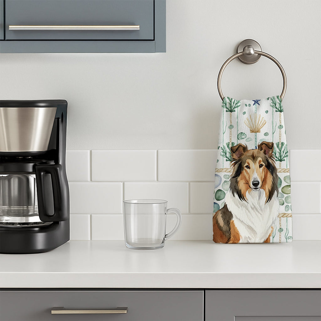 Sable Collie Coastal Sea Glass Kitchen Towel Velour Plush Front and Cotton Loop Back Machine Washable