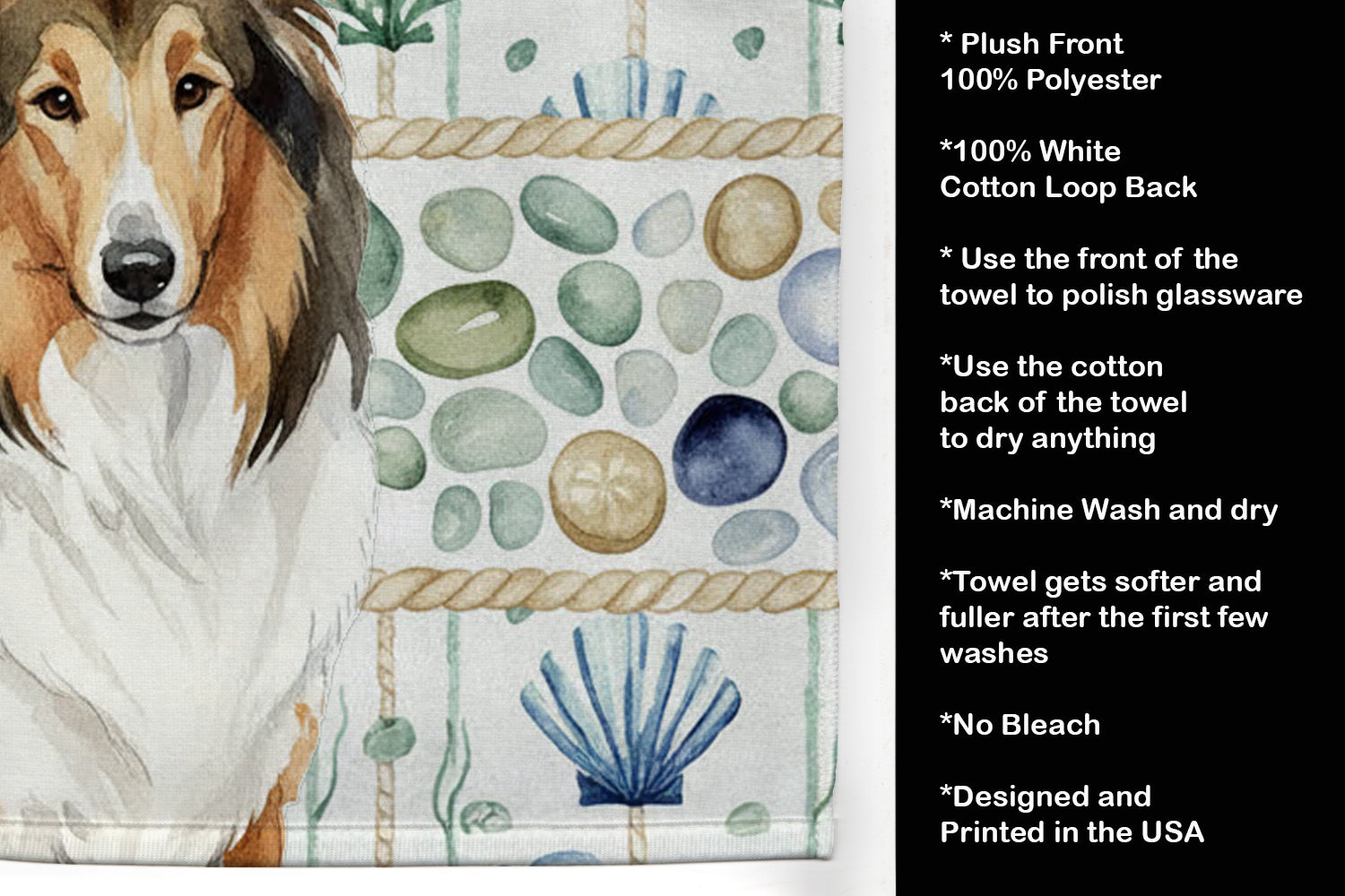 Sable Collie Coastal Sea Glass Kitchen Towel Velour Plush Front and Cotton Loop Back Machine Washable