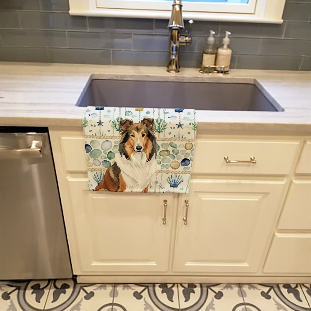 Sable Collie Coastal Sea Glass Kitchen Towel Velour Plush Front and Cotton Loop Back Machine Washable