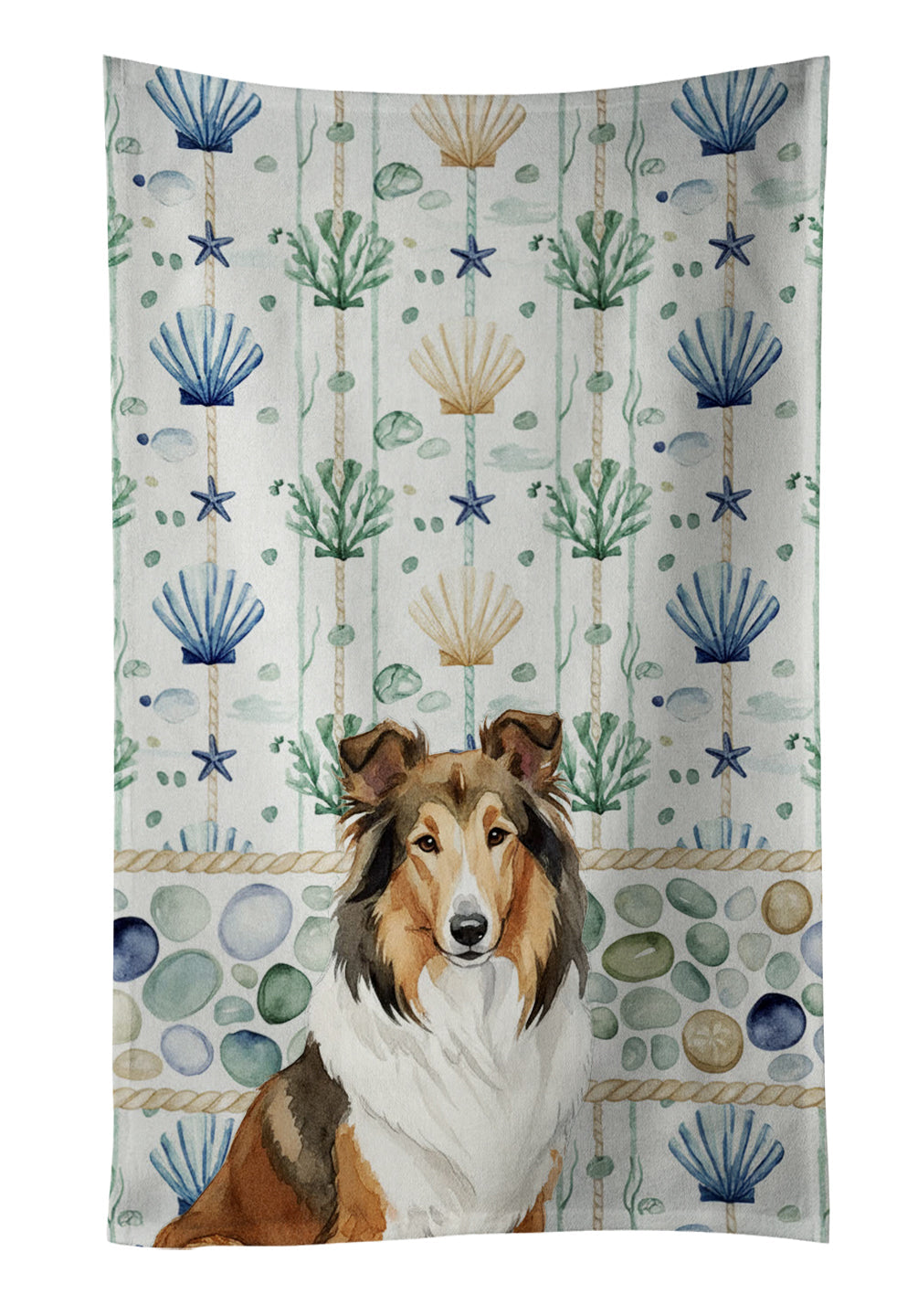 Sable Collie Coastal Sea Glass Kitchen Towel Velour Plush Front and Cotton Loop Back Machine Washable