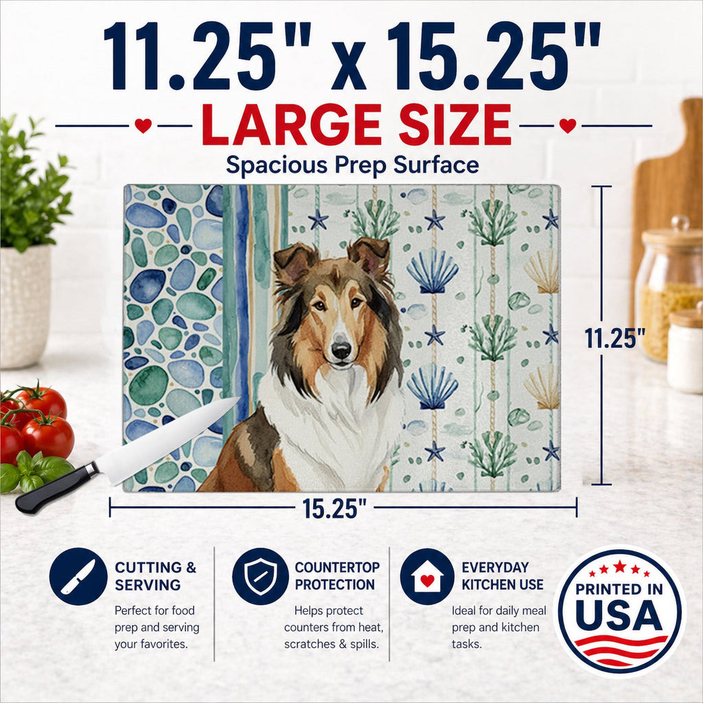 Sable Collie Coastal Sea Glass Cutting Board Tempered Glass Kitchen Cutting Surface, Heat Resistant Chopping, Non-Slip Feet, Food Prep & Serving