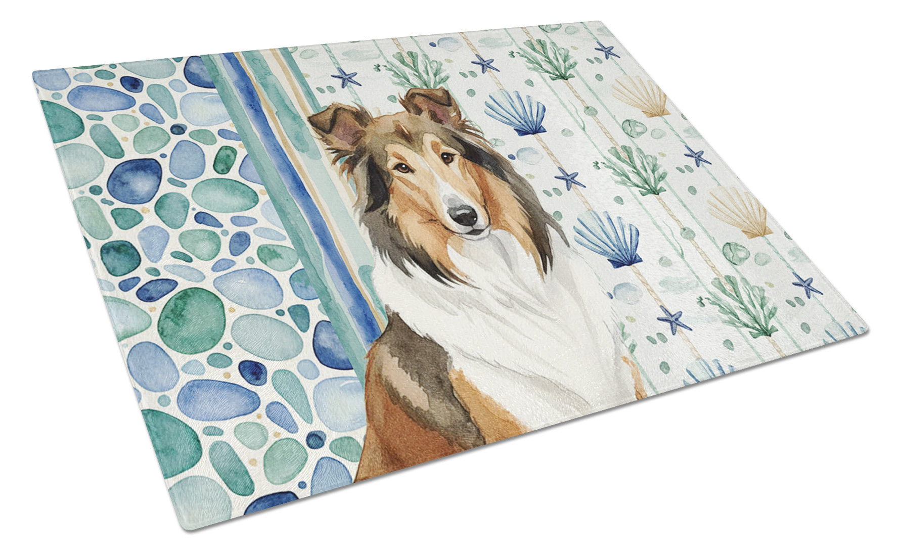 Sable Collie Coastal Sea Glass Cutting Board Tempered Glass Kitchen Cutting Surface, Heat Resistant Chopping, Non-Slip Feet, Food Prep & Serving