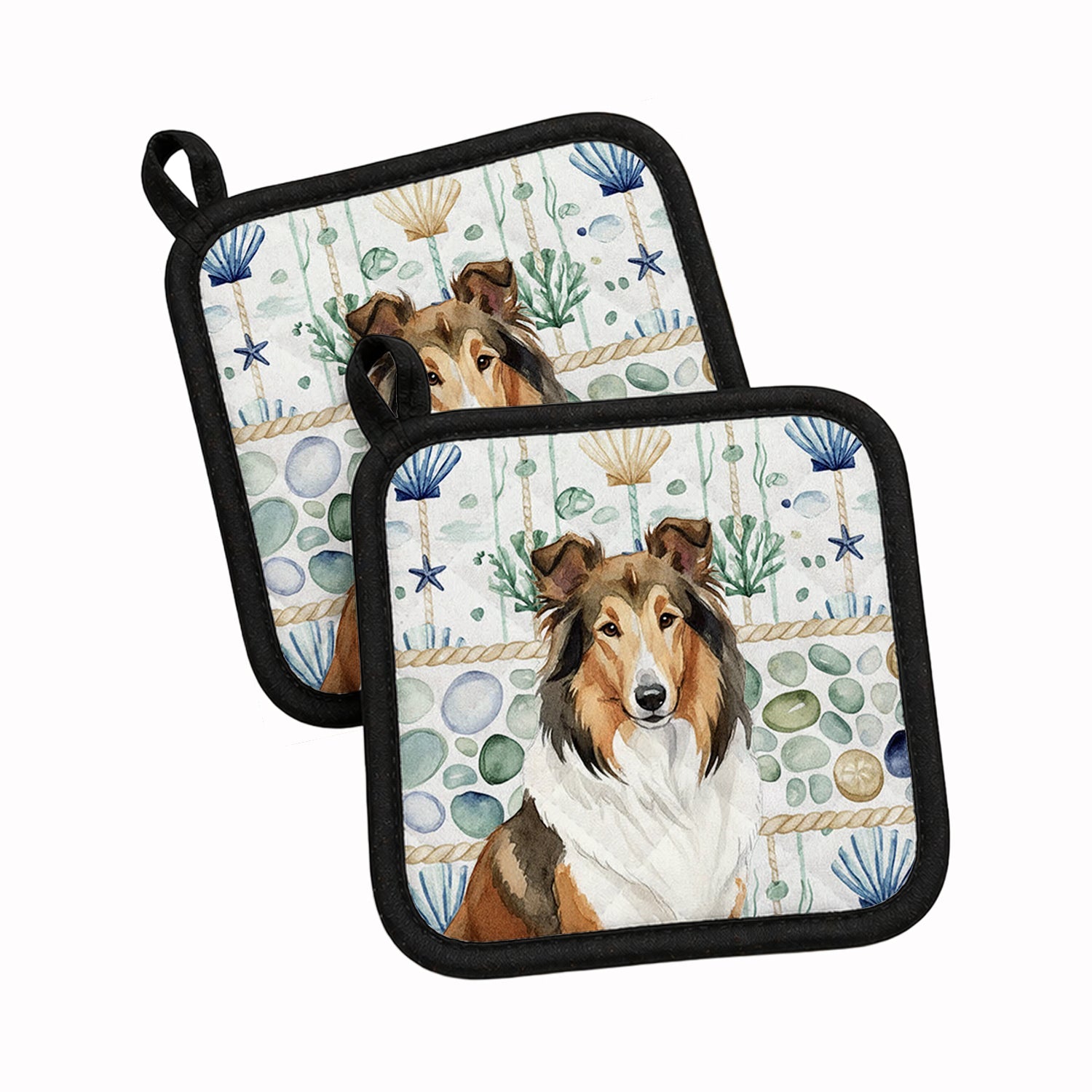 Sable Collie Coastal Sea Glass Pot Holder Set of 2 Heat Resistant Quilted Hot Pads 7.5 x 7.5 Inch, Insulated Kitchen Trivets for Cooking & Baking