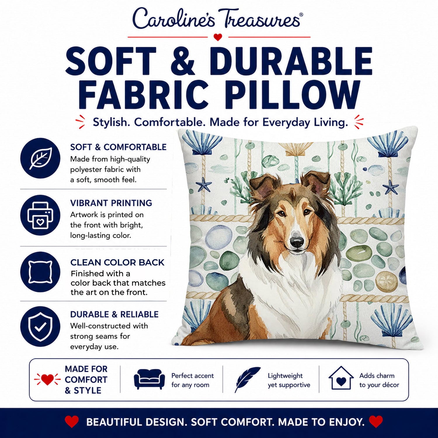 Sable Collie Coastal Sea Glass Decorative Throw Pillow 18x18 Indoor Outdoor Accent Cushion, Fabric Cover with Insert for Sofa, Bed, Porch & Living Room
