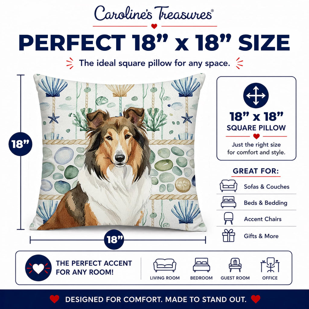 Sable Collie Coastal Sea Glass Decorative Throw Pillow 18x18 Indoor Outdoor Accent Cushion, Fabric Cover with Insert for Sofa, Bed, Porch & Living Room
