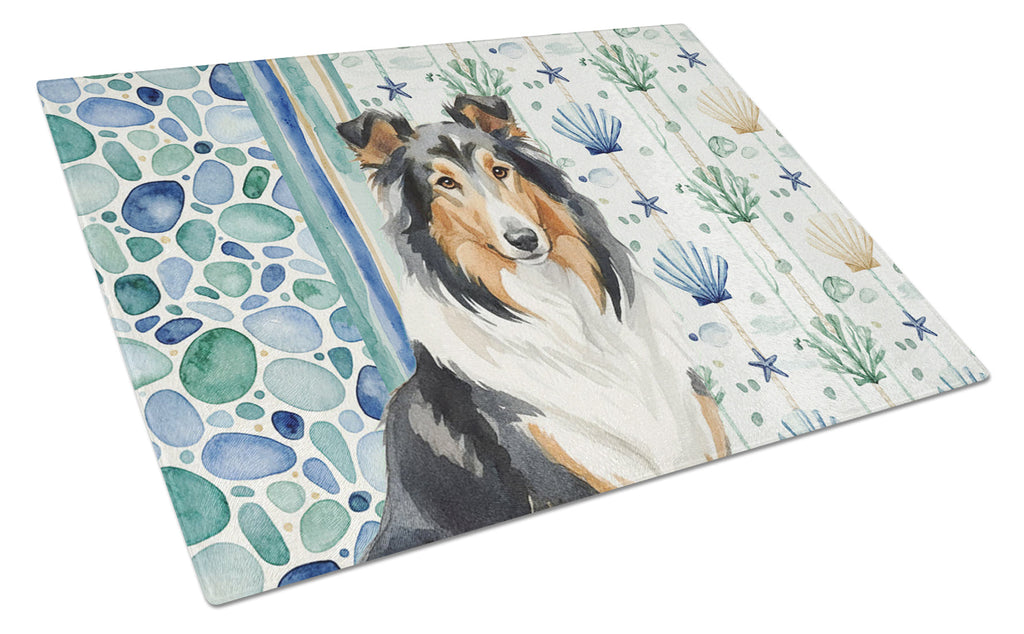 Tricolor Collie Coastal Sea Glass Cutting Board Tempered Glass Kitchen Cutting Surface, Heat Resistant Chopping, Non-Slip Feet, Food Prep & Serving