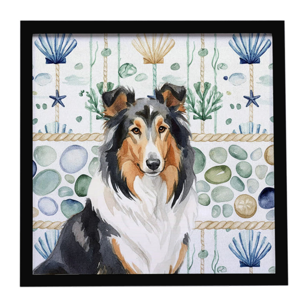 Tricolor Collie Coastal Sea Glass Framed Metal Print Bathroom, Kitchen, Office, Home Decor Wall Art Ready to Hang, Square, 8X8