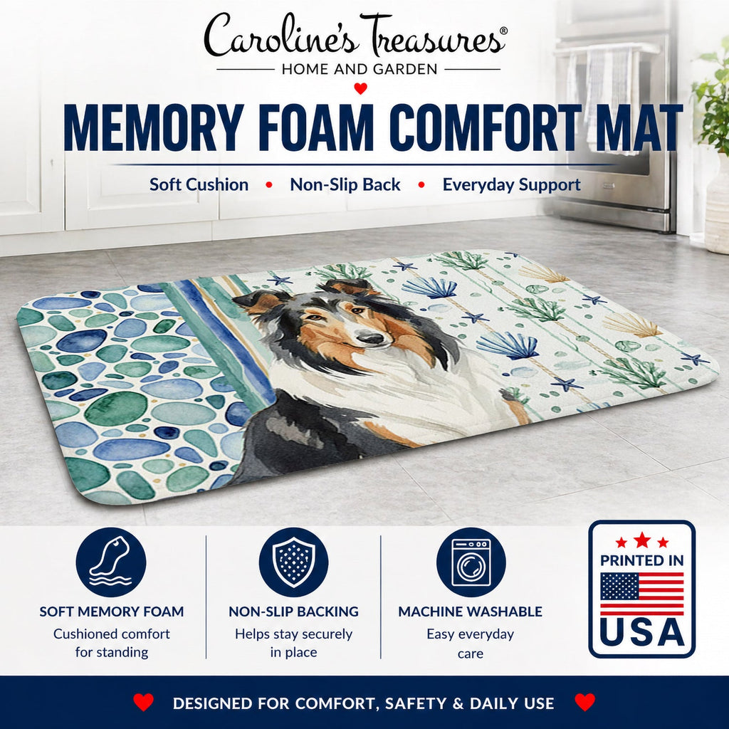 Tricolor Collie Coastal Sea Glass Memory Foam Kitchen Mat Machine Washable Anti-Fatigue Cushion Comfort Bath or Kitchen Rug