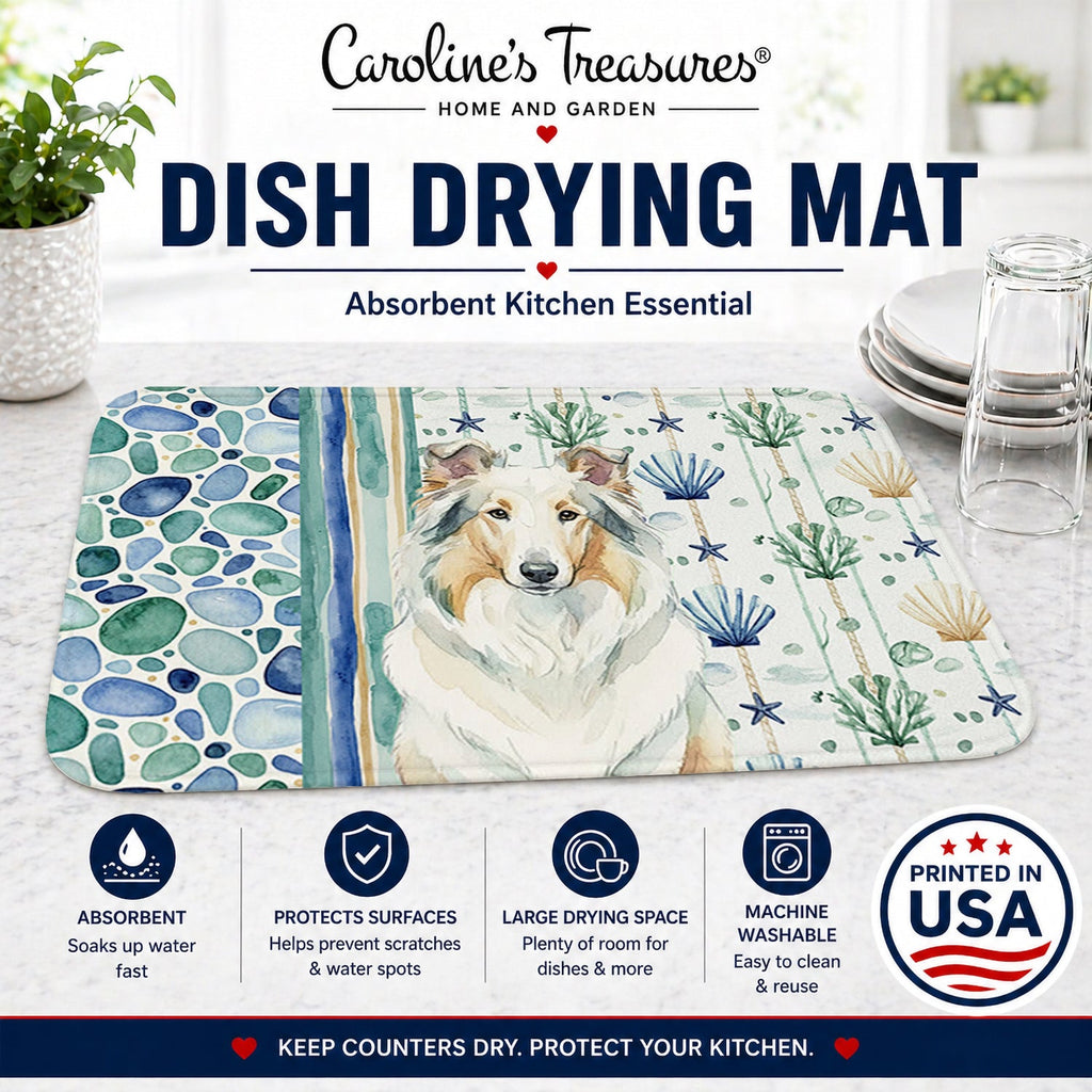 White Collie Coastal Sea Glass Dish Drying Mat Absorbent Dish Drying Mat Pad for Kitchen Counter Dish Drainer Mat for Countertop, 14 x 21", Multicolor