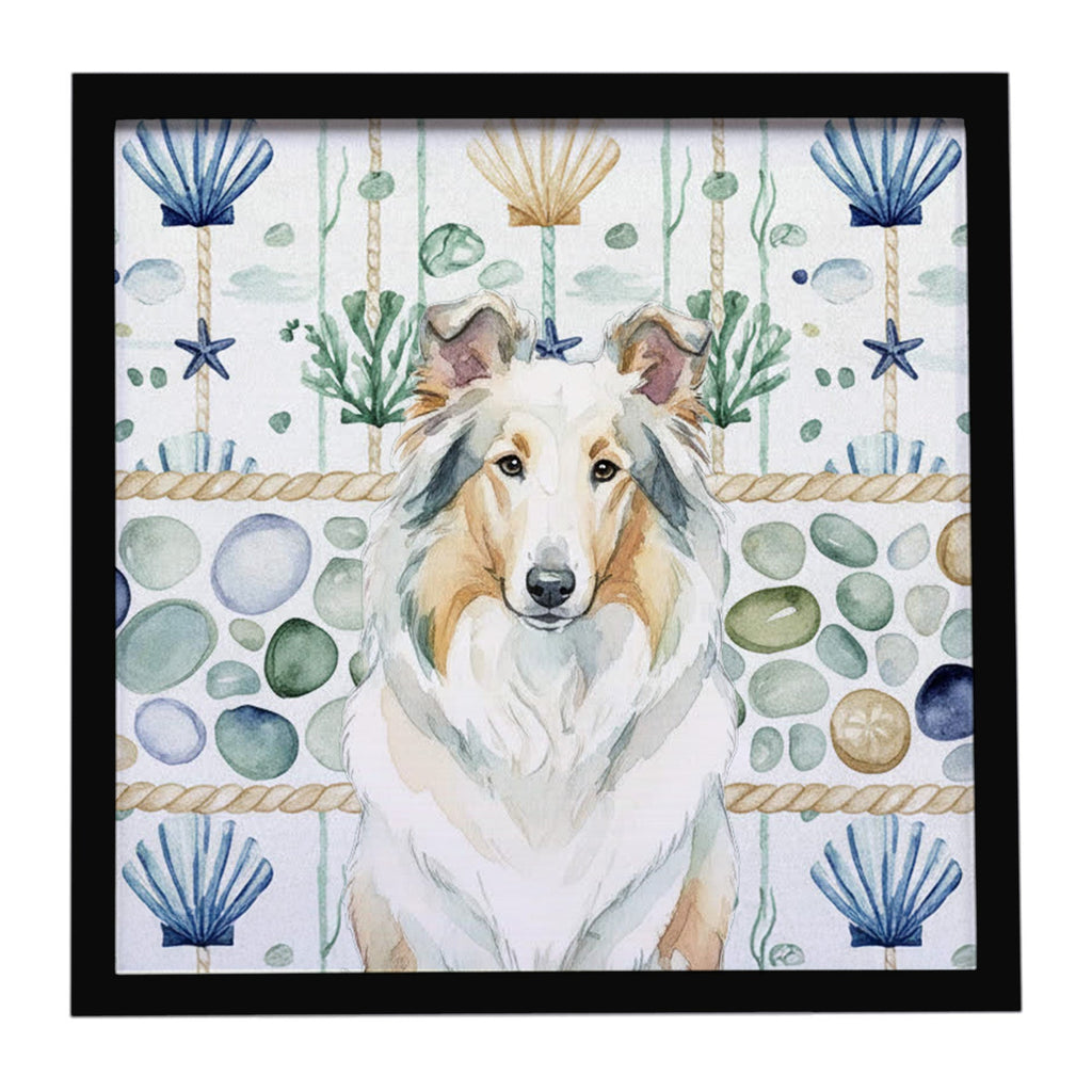White Collie Coastal Sea Glass Framed Metal Print Bathroom, Kitchen, Office, Home Decor Wall Art Ready to Hang, Square, 8X8
