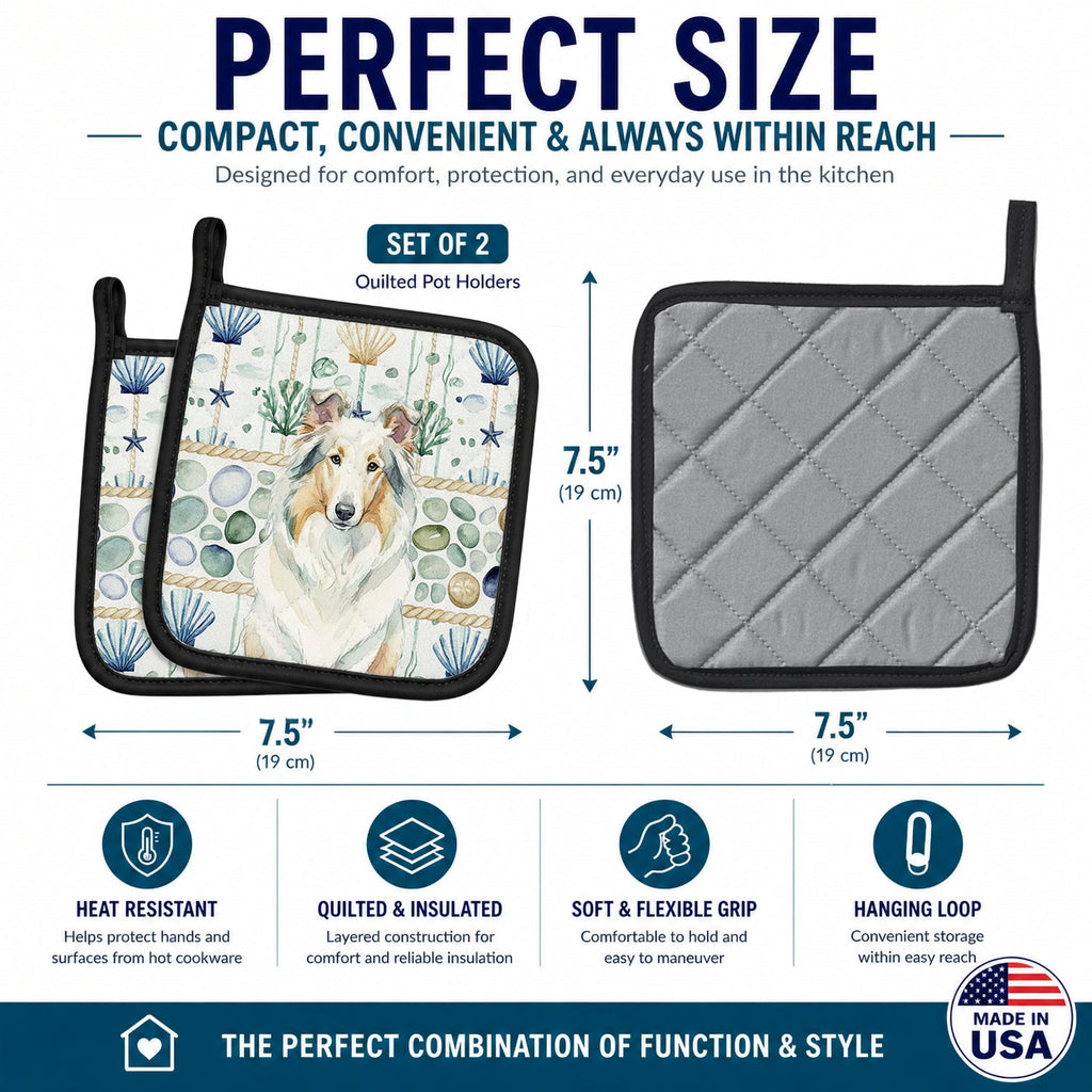 White Collie Coastal Sea Glass Pot Holder Set of 2 Heat Resistant Quilted Hot Pads 7.5 x 7.5 Inch, Insulated Kitchen Trivets for Cooking & Baking