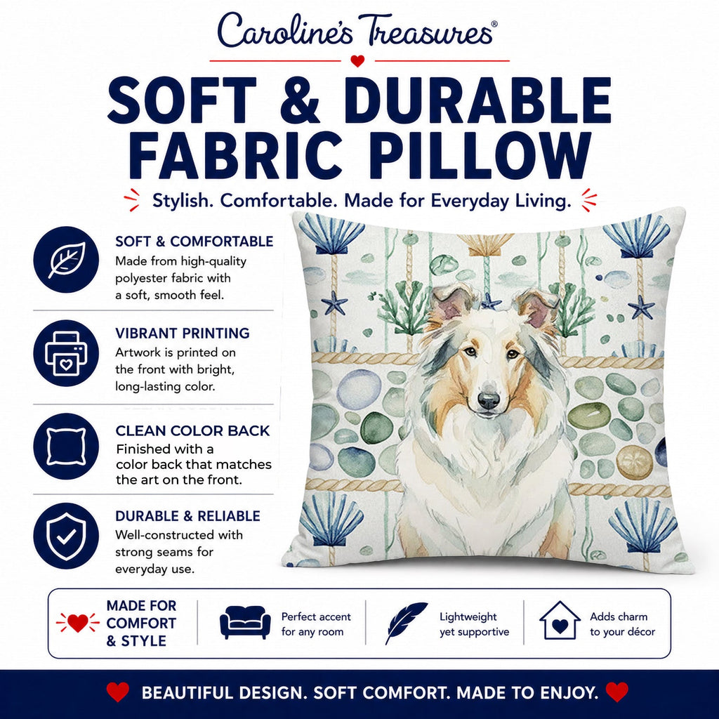 White Collie Coastal Sea Glass Decorative Throw Pillow 14x14 Indoor Outdoor Accent Cushion, Fabric Cover with Insert for Sofa, Bed, Porch & Living Room