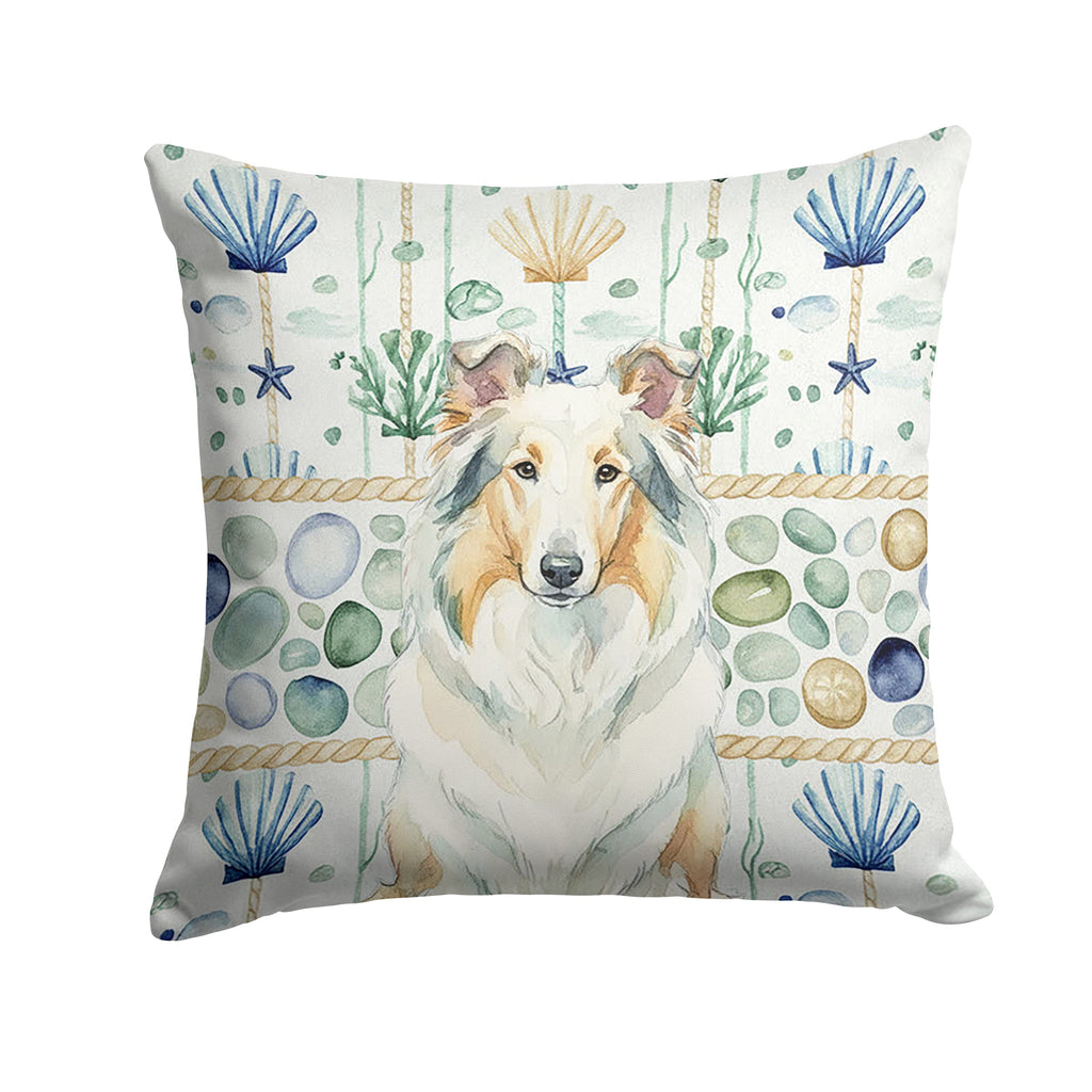 White Collie Coastal Sea Glass Decorative Throw Pillow 14x14 Indoor Outdoor Accent Cushion, Fabric Cover with Insert for Sofa, Bed, Porch & Living Room