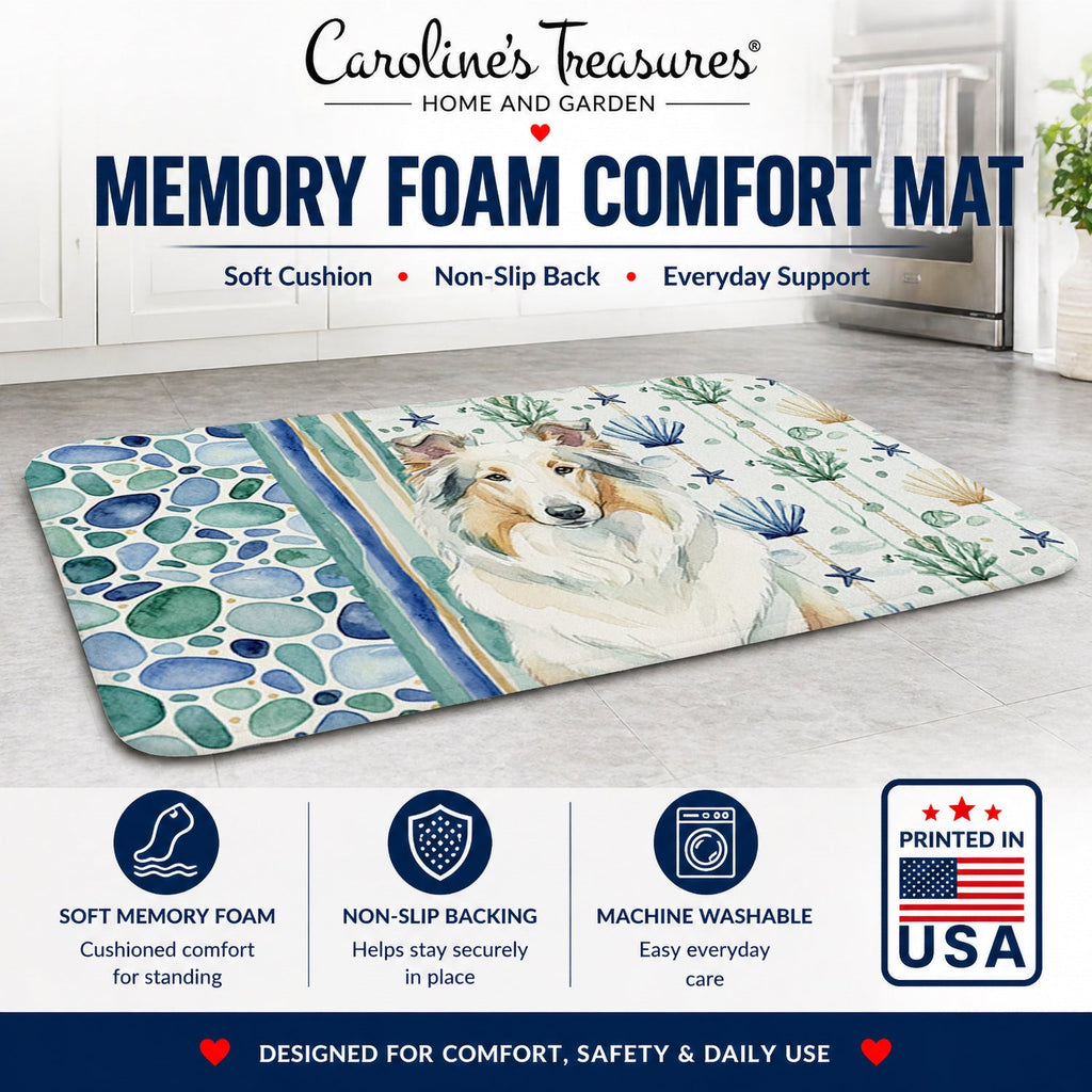 White Collie Coastal Sea Glass Memory Foam Kitchen Mat Machine Washable Anti-Fatigue Cushion Comfort Bath or Kitchen Rug