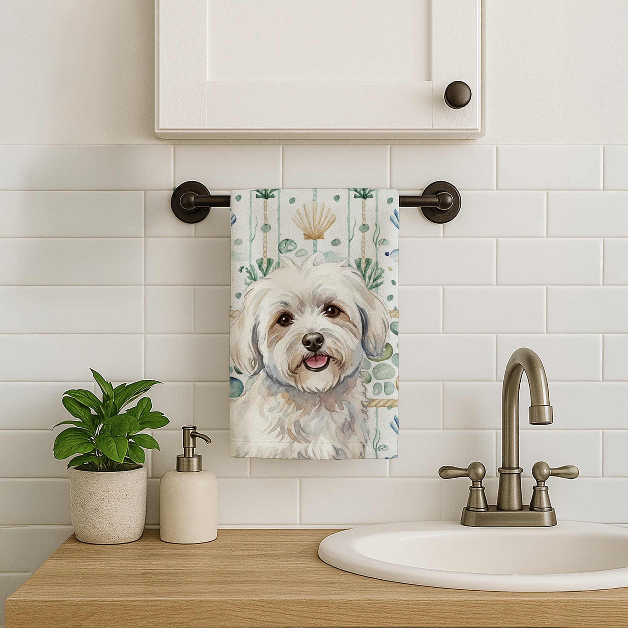 Coton de Tulear Coastal Sea Glass Kitchen Towel Velour Plush Front and Cotton Loop Back Machine Washable