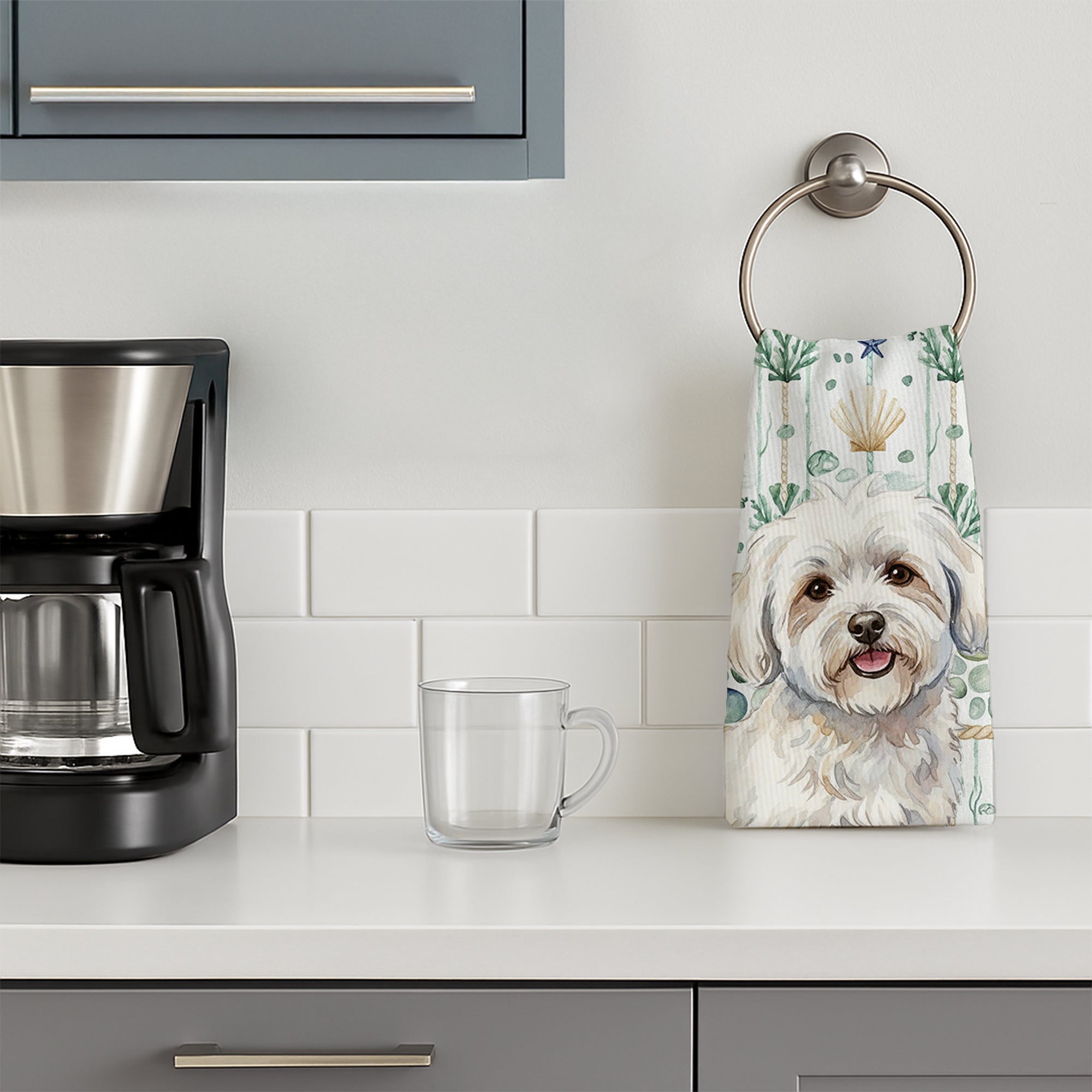 Coton de Tulear Coastal Sea Glass Kitchen Towel Velour Plush Front and Cotton Loop Back Machine Washable
