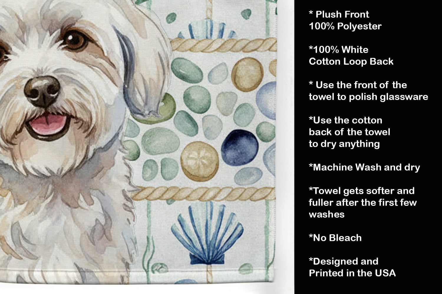 Coton de Tulear Coastal Sea Glass Kitchen Towel Velour Plush Front and Cotton Loop Back Machine Washable