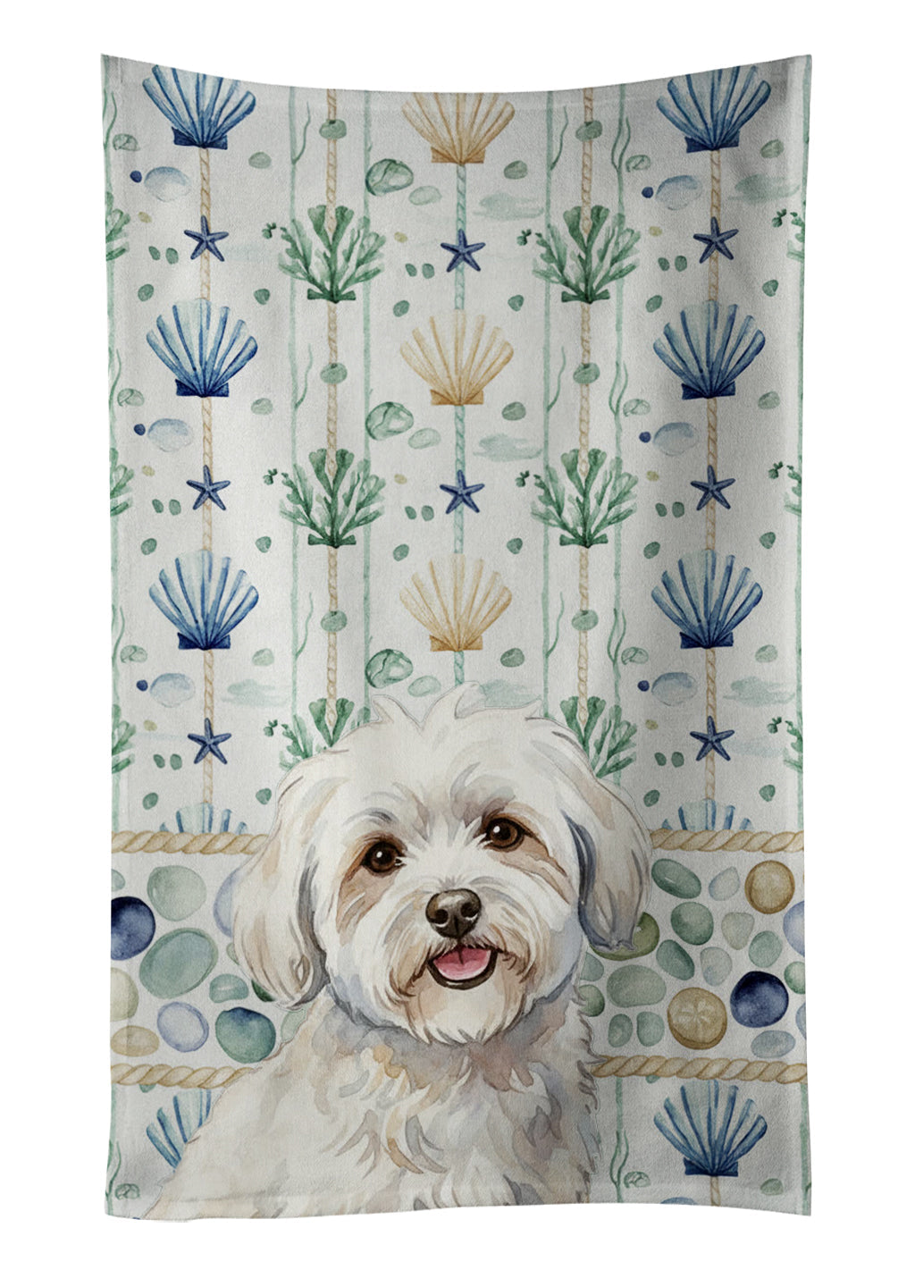 Coton de Tulear Coastal Sea Glass Kitchen Towel Velour Plush Front and Cotton Loop Back Machine Washable