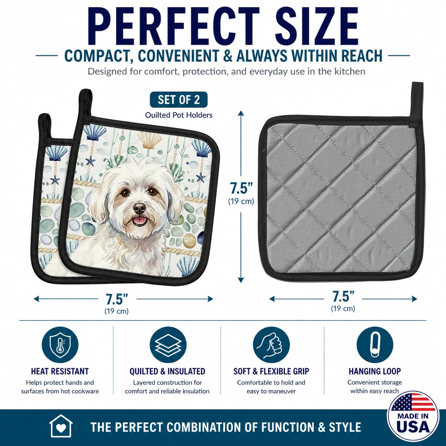 Coton de Tulear Coastal Sea Glass Pot Holder Set of 2 Heat Resistant Quilted Hot Pads 7.5 x 7.5 Inch, Insulated Kitchen Trivets for Cooking & Baking