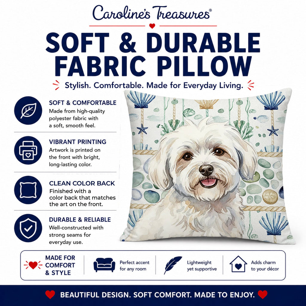 Coton de Tulear Coastal Sea Glass Decorative Throw Pillow 14x14 Indoor Outdoor Accent Cushion, Fabric Cover with Insert for Sofa, Bed, Porch & Living Room