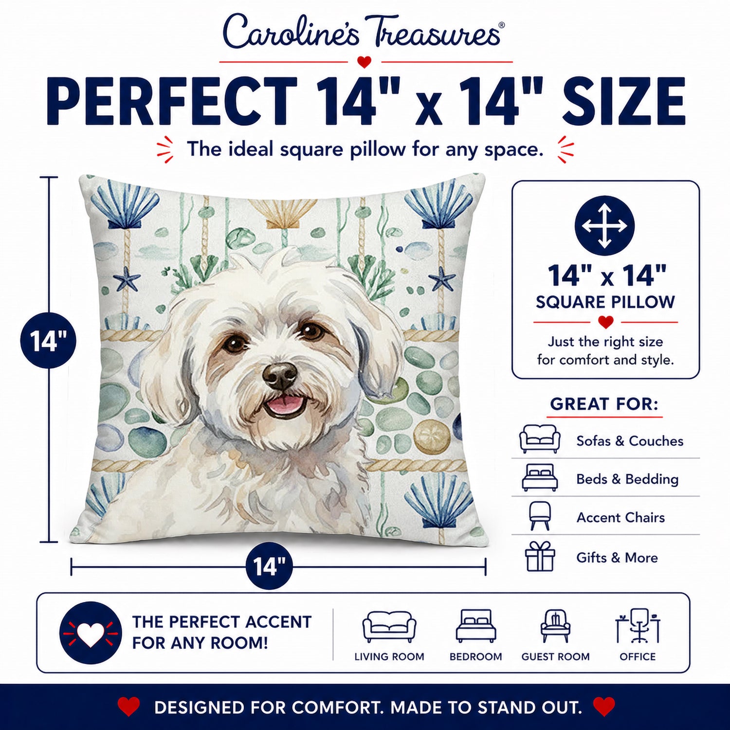 Coton de Tulear Coastal Sea Glass Decorative Throw Pillow 14x14 Indoor Outdoor Accent Cushion, Fabric Cover with Insert for Sofa, Bed, Porch & Living Room