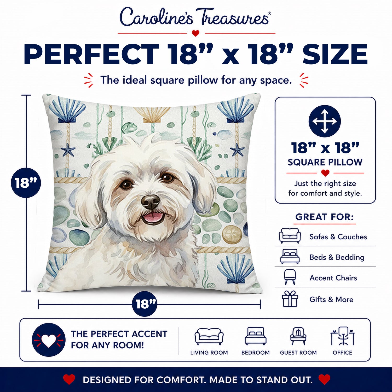 Coton de Tulear Coastal Sea Glass Decorative Throw Pillow 18x18 Indoor Outdoor Accent Cushion, Fabric Cover with Insert for Sofa, Bed, Porch & Living Room