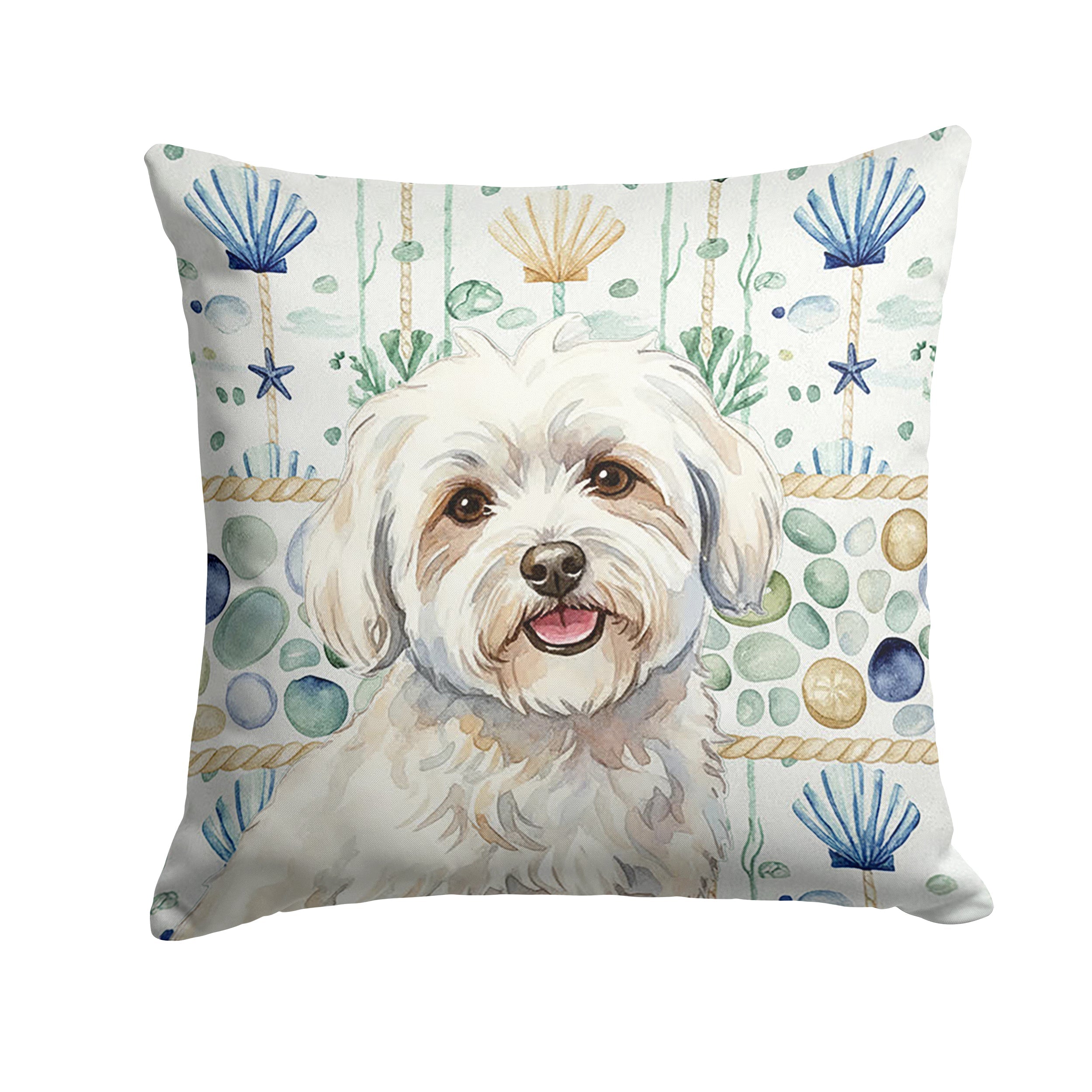 Coton de Tulear Coastal Sea Glass Decorative Throw Pillow 18x18 Indoor Outdoor Accent Cushion, Fabric Cover with Insert for Sofa, Bed, Porch & Living Room