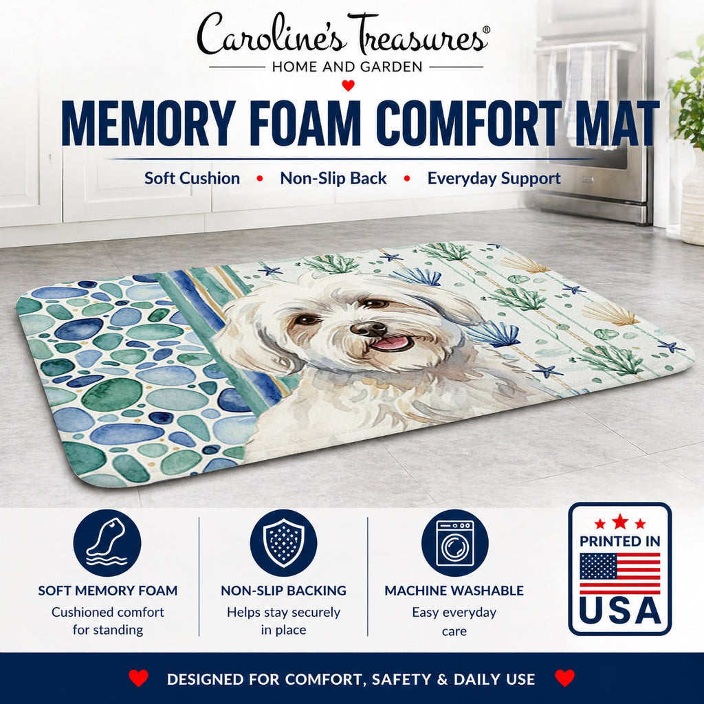 Coton de Tulear Coastal Sea Glass Memory Foam Kitchen Mat Machine Washable Anti-Fatigue Cushion Comfort Bath or Kitchen Rug
