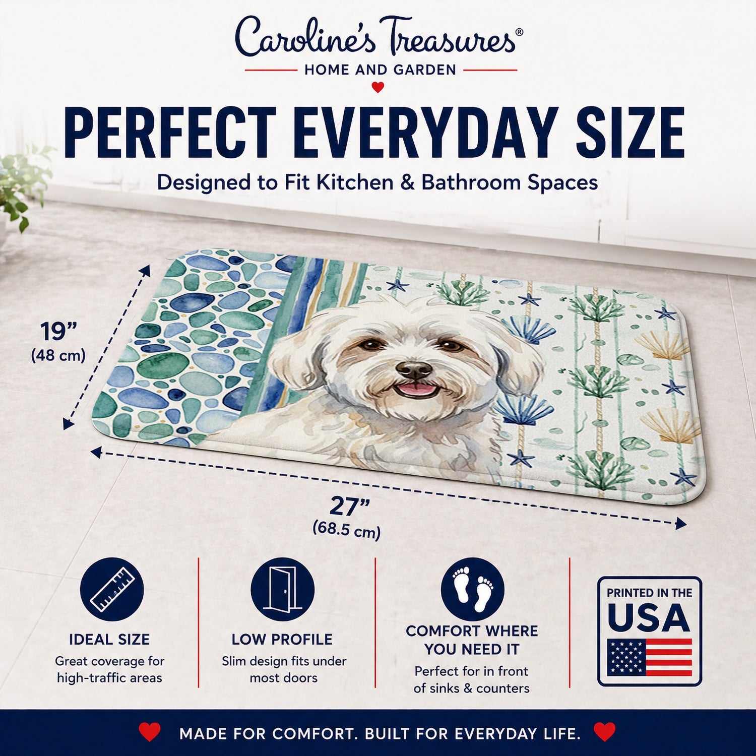 Coton de Tulear Coastal Sea Glass Memory Foam Kitchen Mat Machine Washable Anti-Fatigue Cushion Comfort Bath or Kitchen Rug