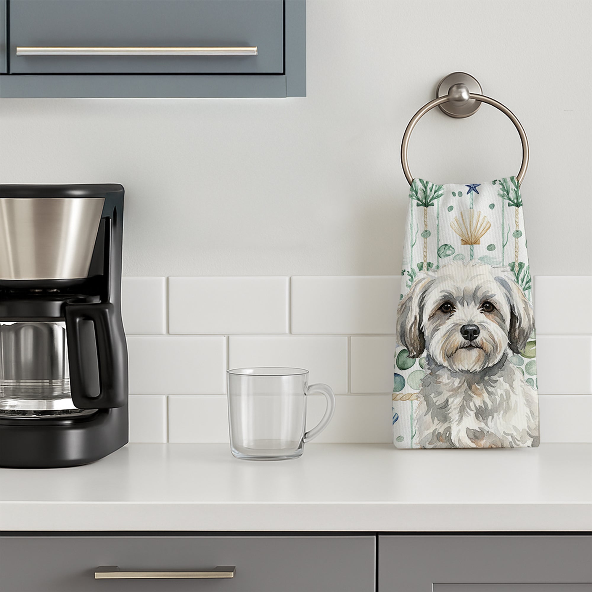 White with Gray Coton de Tulear Coastal Sea Glass Kitchen Towel Velour Plush Front and Cotton Loop Back Machine Washable