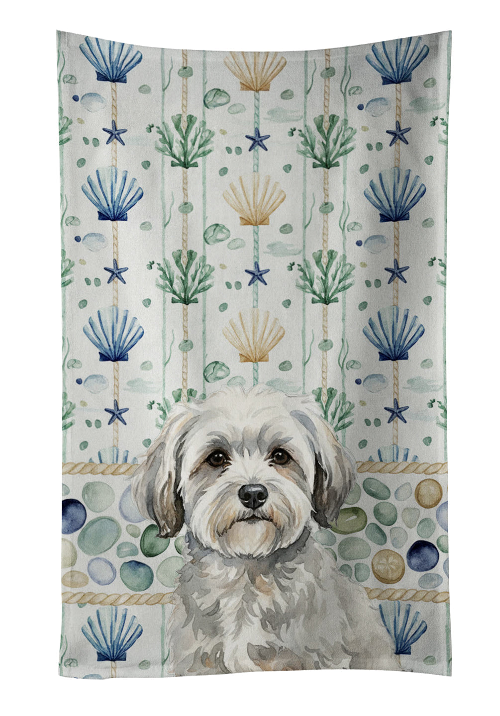 White with Gray Coton de Tulear Coastal Sea Glass Kitchen Towel Velour Plush Front and Cotton Loop Back Machine Washable