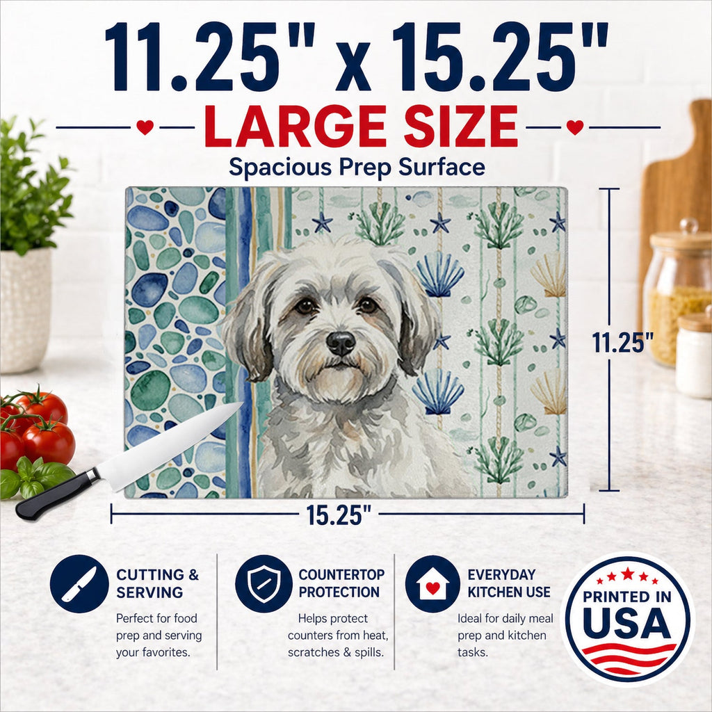 White with Gray Coton de Tulear Coastal Sea Glass Cutting Board Tempered Glass Kitchen Cutting Surface, Heat Resistant Chopping, Non-Slip Feet, Food Prep & Serving