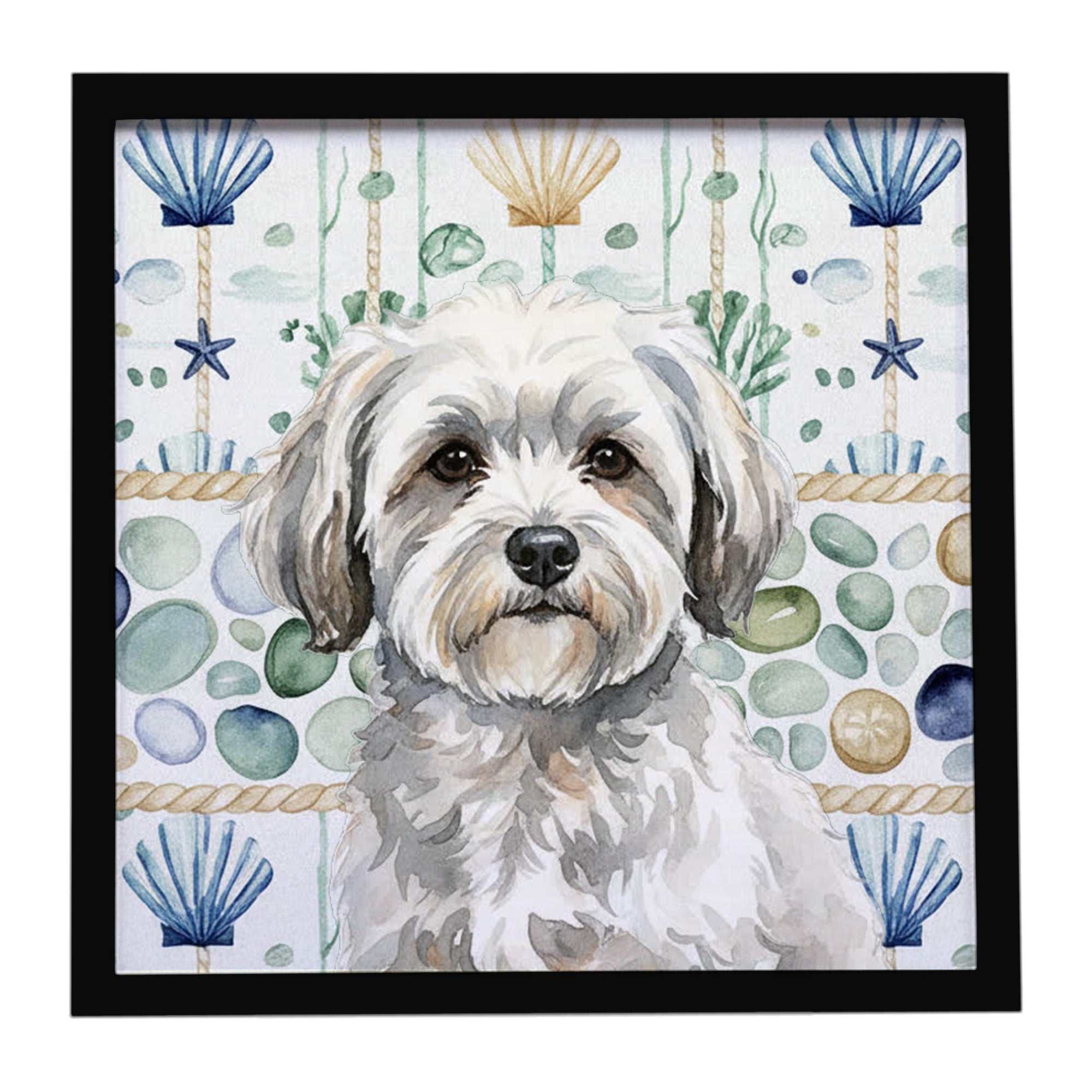 White with Gray Coton de Tulear Coastal Sea Glass Framed Metal Print Bathroom, Kitchen, Office, Home Decor Wall Art Ready to Hang, Square, 8X8