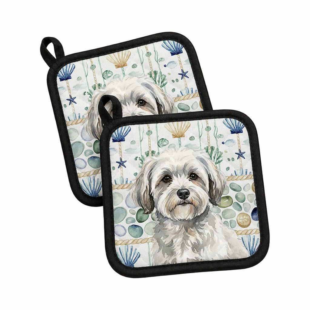 White with Gray Coton de Tulear Coastal Sea Glass Pot Holder Set of 2 Heat Resistant Quilted Hot Pads 7.5 x 7.5 Inch, Insulated Kitchen Trivets for Cooking & Baking