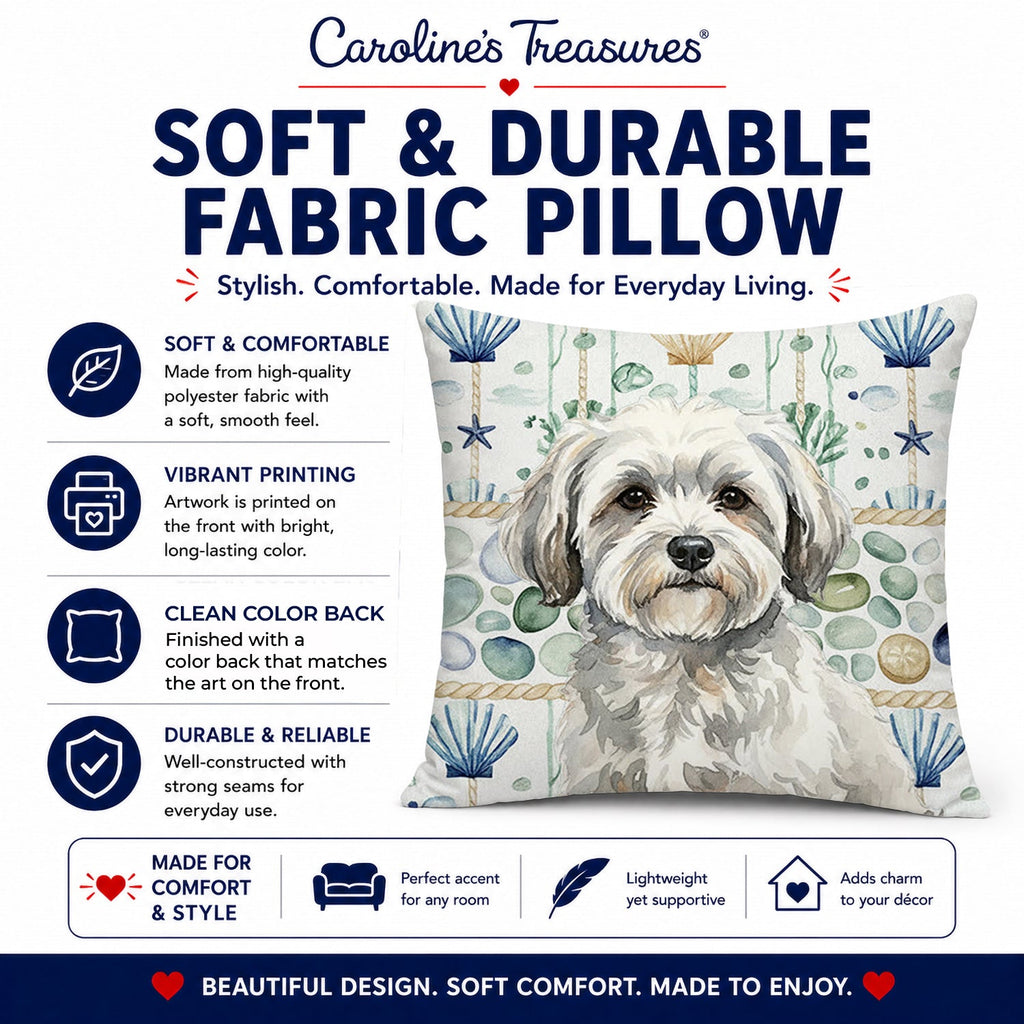 White with Gray Coton de Tulear Coastal Sea Glass Decorative Throw Pillow 14x14 Indoor Outdoor Accent Cushion, Fabric Cover with Insert for Sofa, Bed, Porch & Living Room