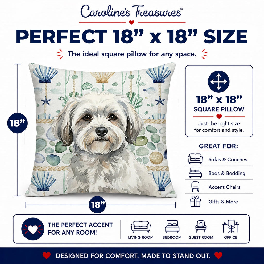 White with Gray Coton de Tulear Coastal Sea Glass Decorative Throw Pillow 18x18 Indoor Outdoor Accent Cushion, Fabric Cover with Insert for Sofa, Bed, Porch & Living Room