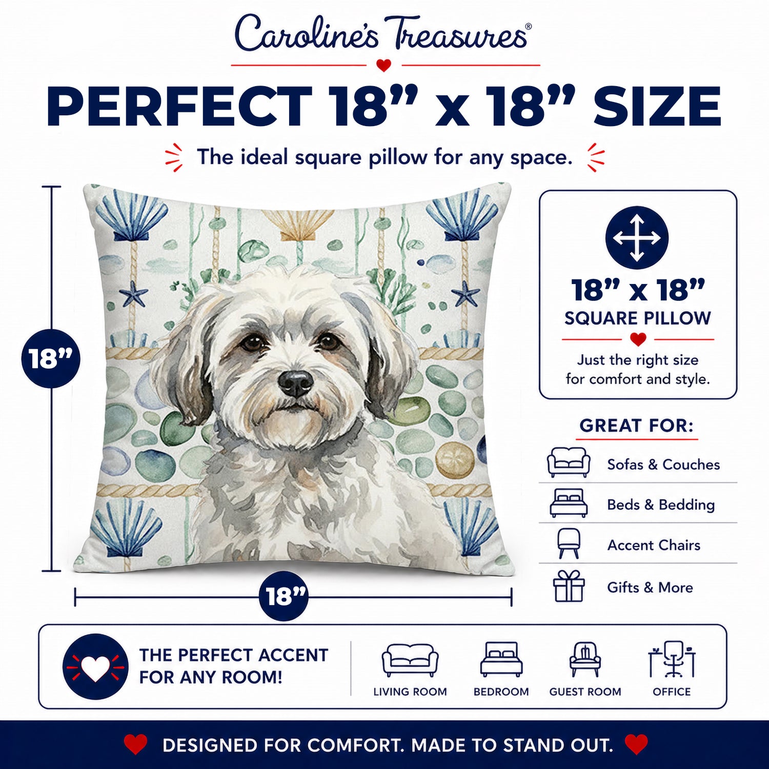 White with Gray Coton de Tulear Coastal Sea Glass Decorative Throw Pillow 18x18 Indoor Outdoor Accent Cushion, Fabric Cover with Insert for Sofa, Bed, Porch & Living Room