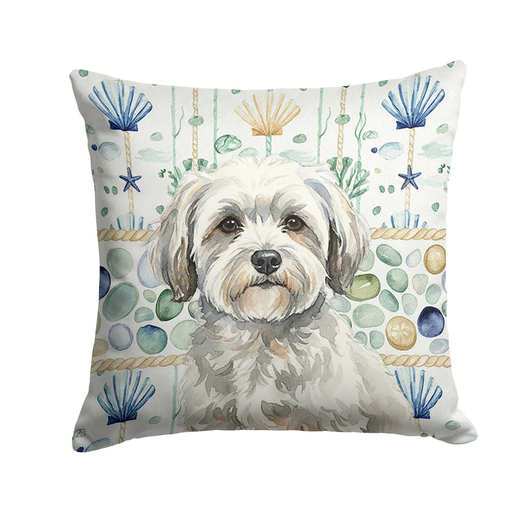 White with Gray Coton de Tulear Coastal Sea Glass Decorative Throw Pillow 18x18 Indoor Outdoor Accent Cushion, Fabric Cover with Insert for Sofa, Bed, Porch & Living Room