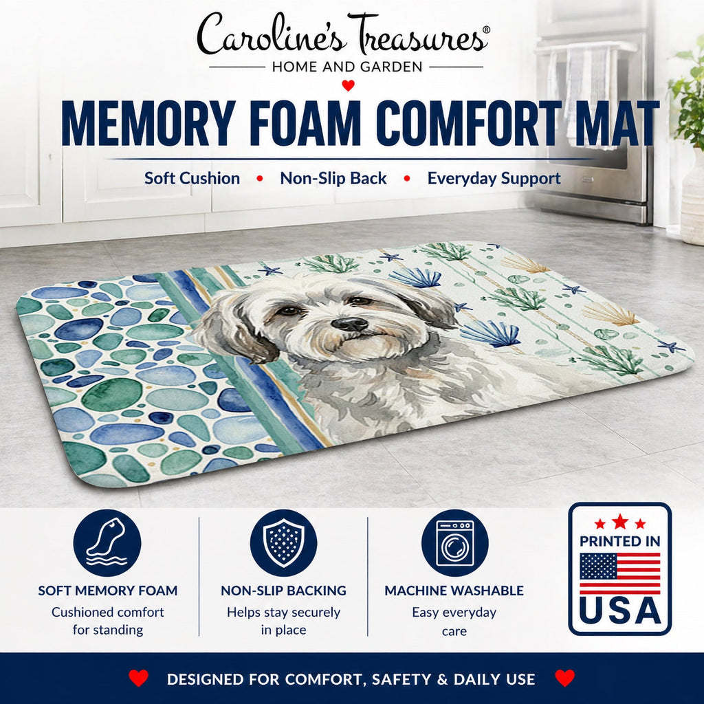 White with Gray Coton de Tulear Coastal Sea Glass Memory Foam Kitchen Mat Machine Washable Anti-Fatigue Cushion Comfort Bath or Kitchen Rug