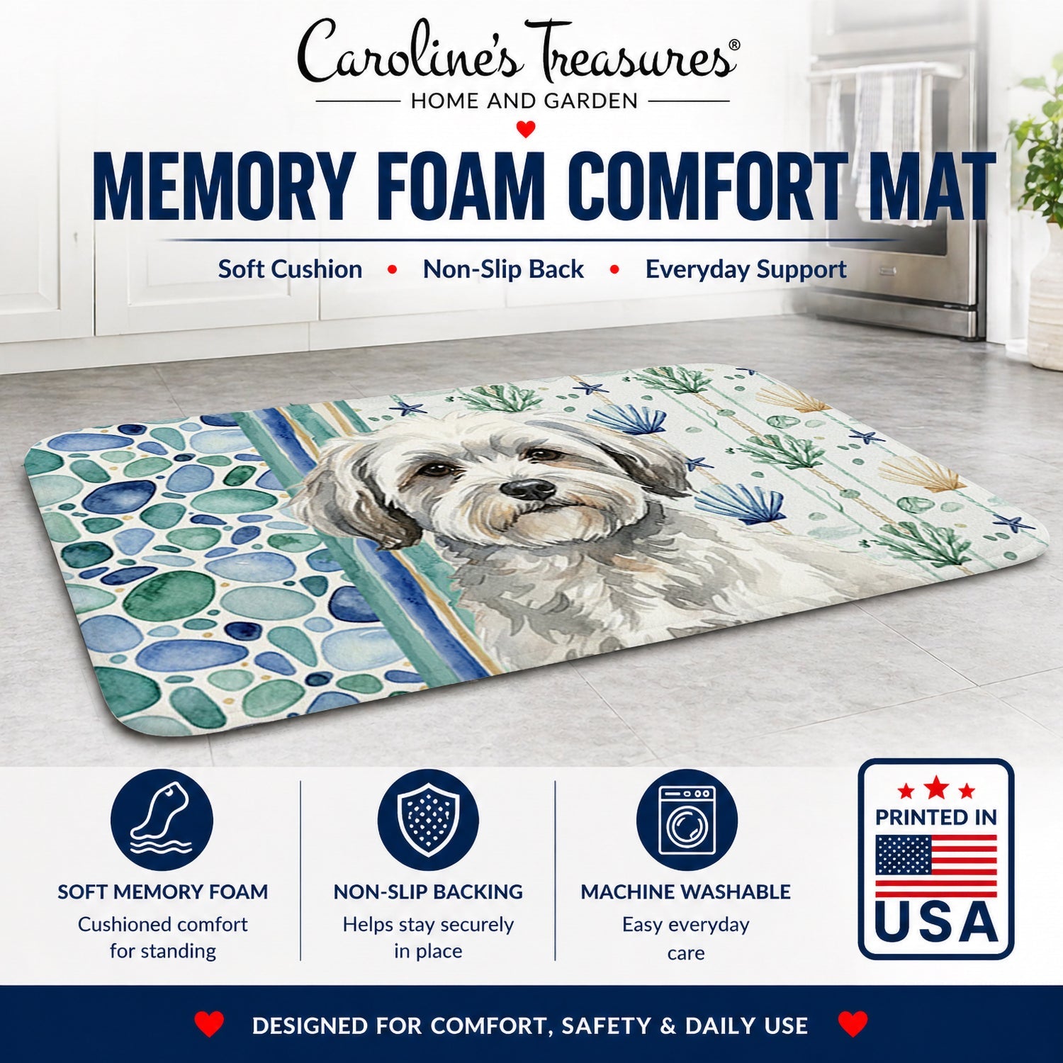 White with Gray Coton de Tulear Coastal Sea Glass Memory Foam Kitchen Mat Machine Washable Anti-Fatigue Cushion Comfort Bath or Kitchen Rug